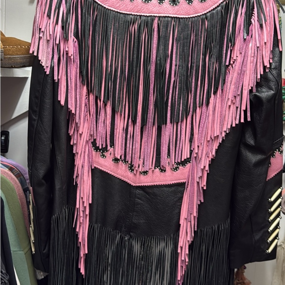 Stylish Pink and Black Fringe Leather Jacket - Picture 2 of 3